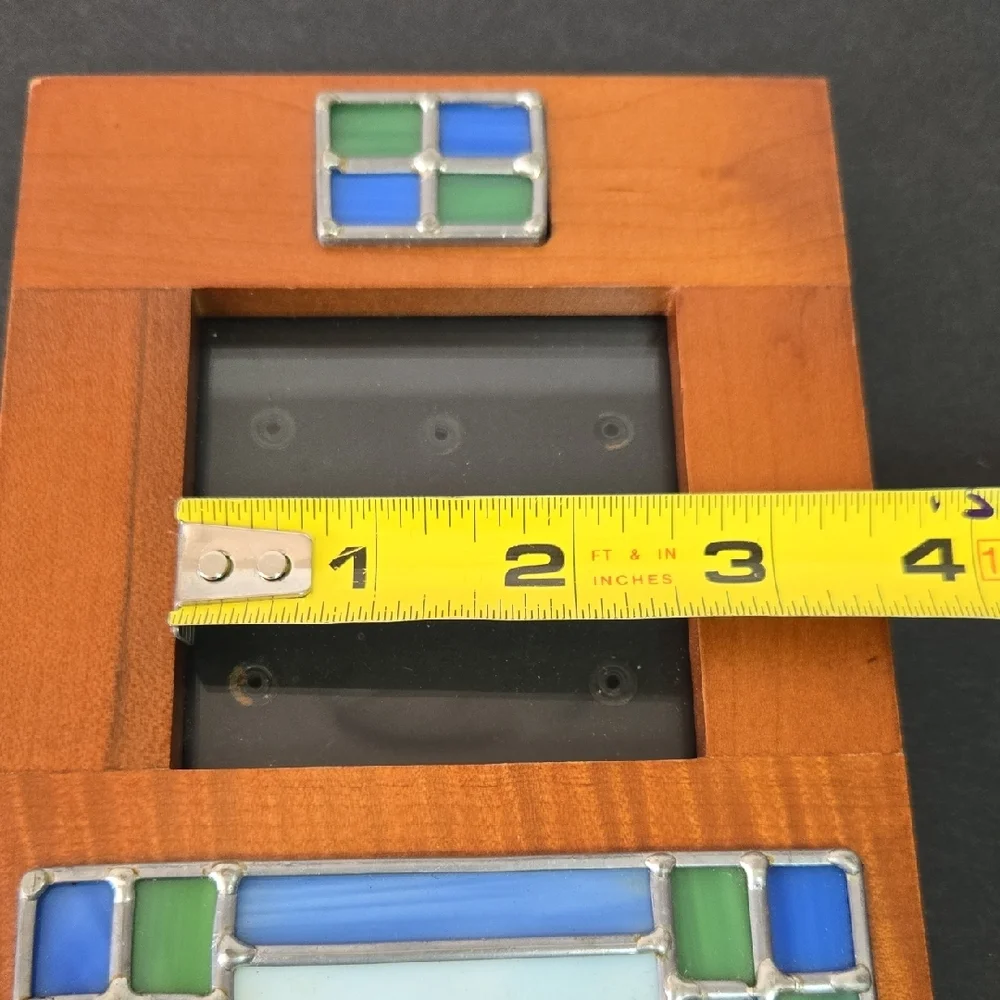 Wooden Photo Frame with Blue and Green Stained Glass Inset Accents